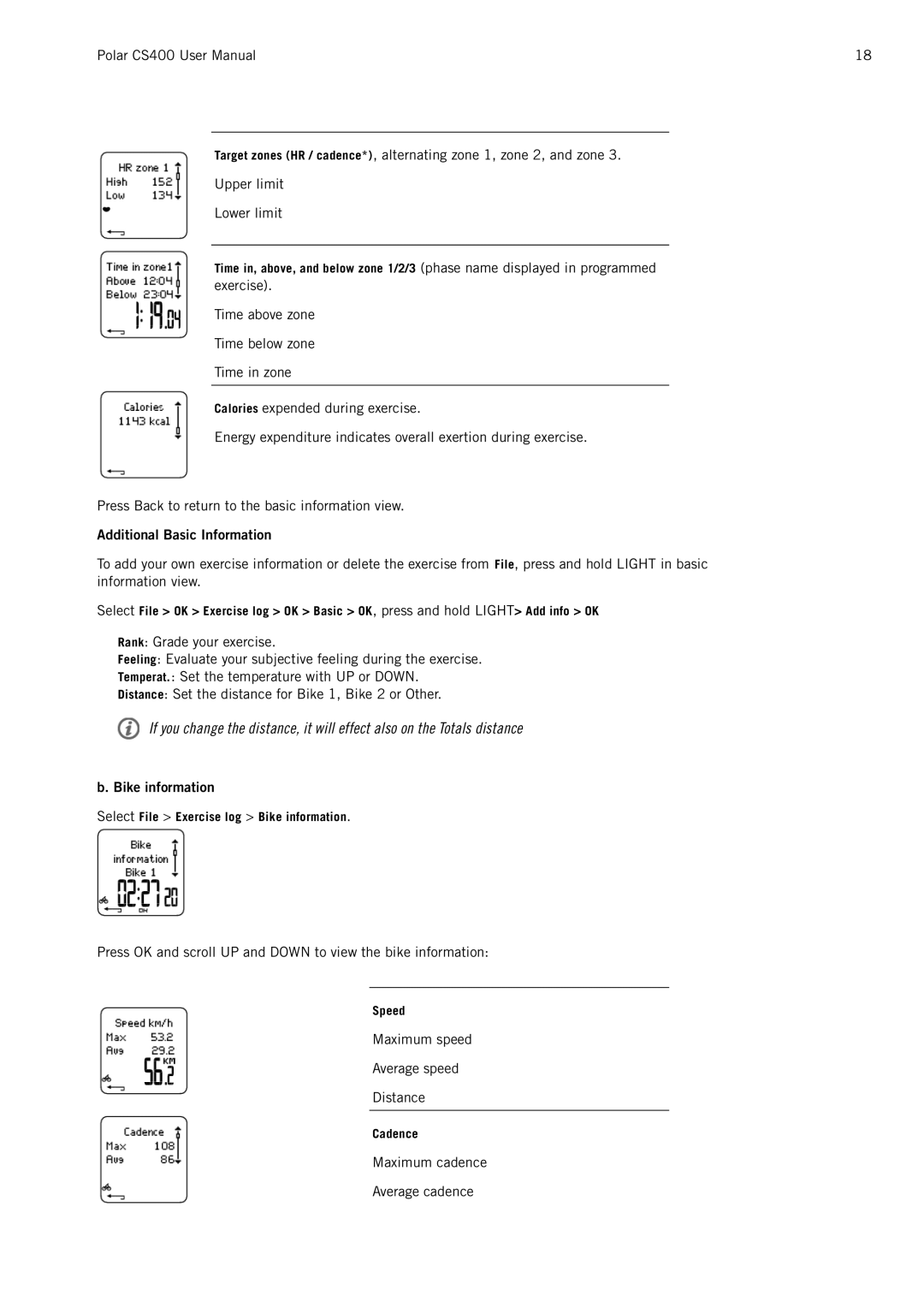 Polar CS400 user manual Additional Basic Information, Bike information 