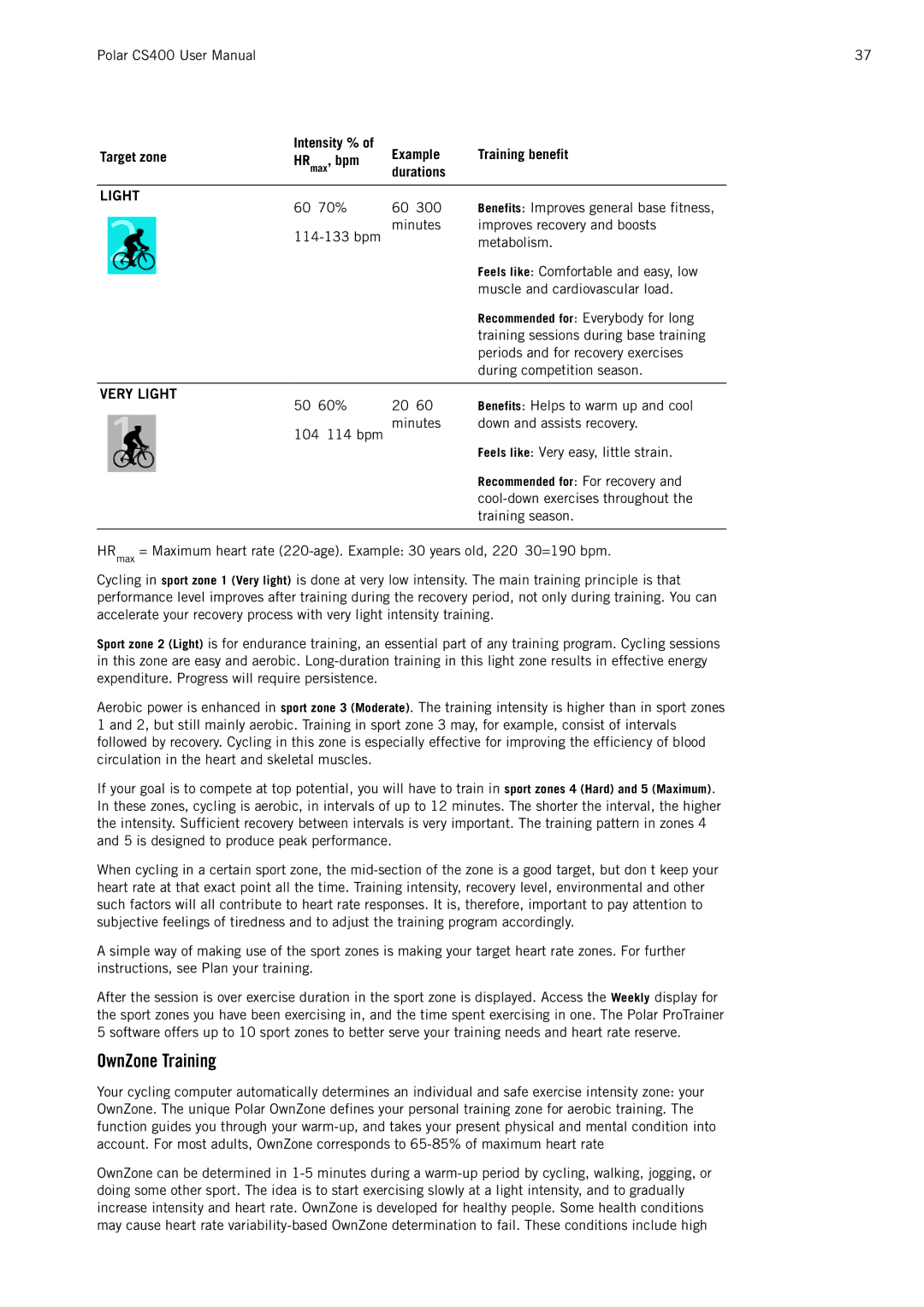 Polar CS400 user manual OwnZone Training, Light 