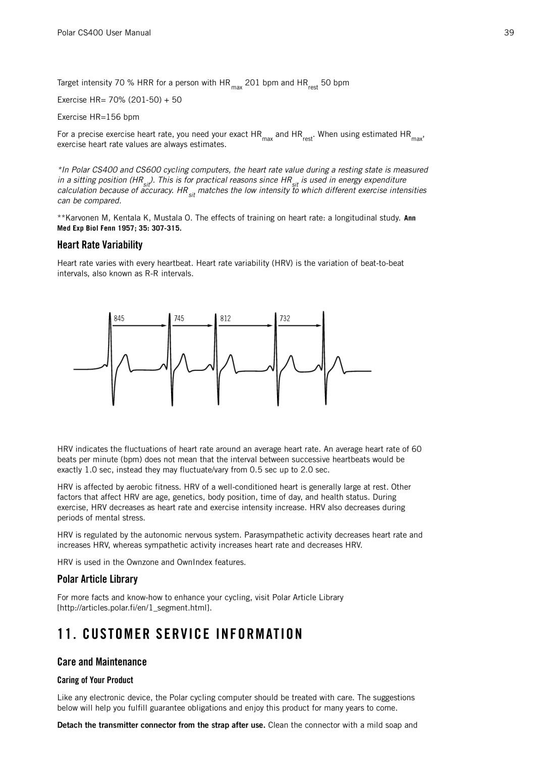 Polar CS400 user manual U S T O M E R S E R V I C E I N F O R M At I O N, Heart Rate Variability, Polar Article Library 