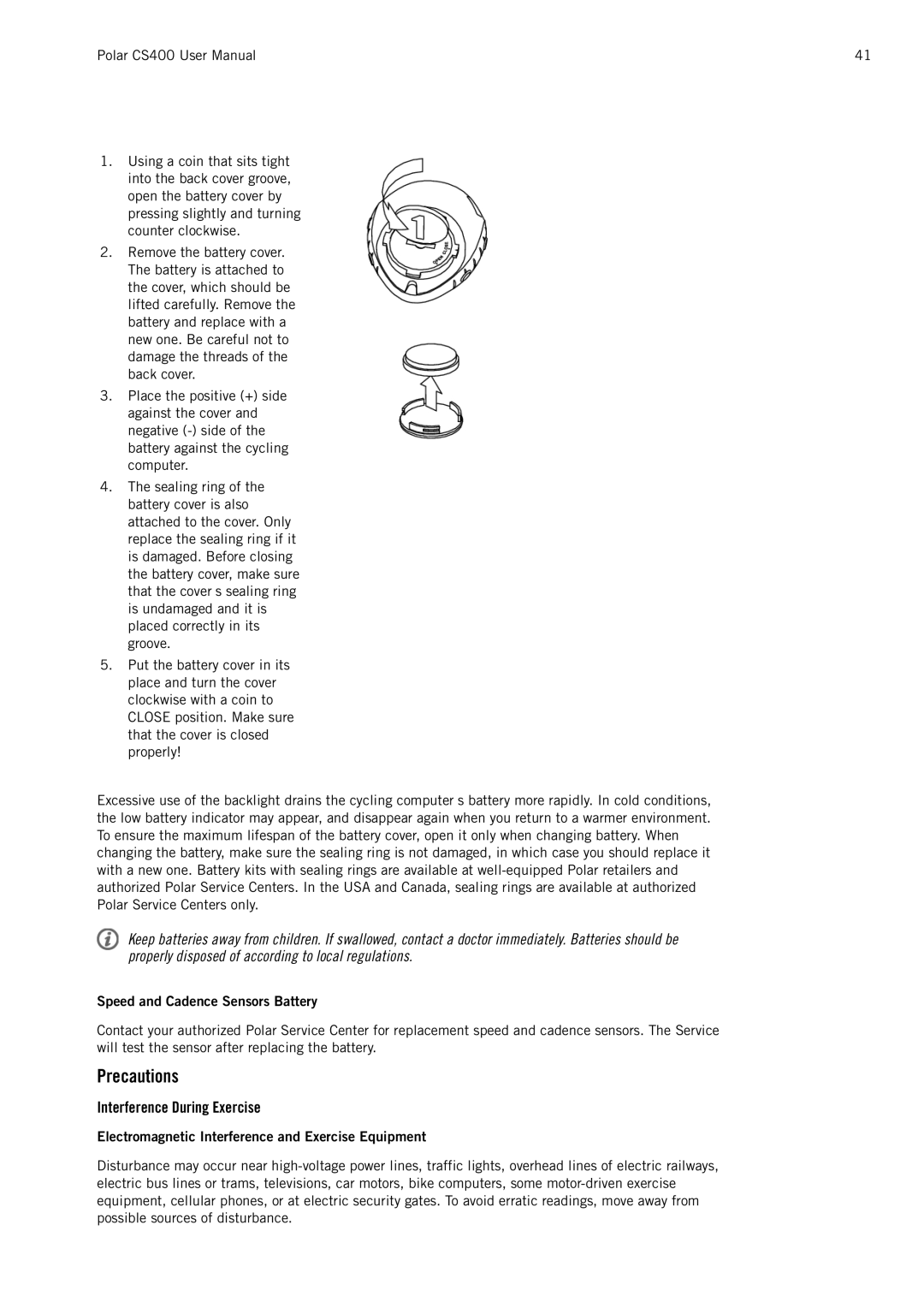 Polar CS400 user manual Precautions, Interference During Exercise, Speed and Cadence Sensors Battery 