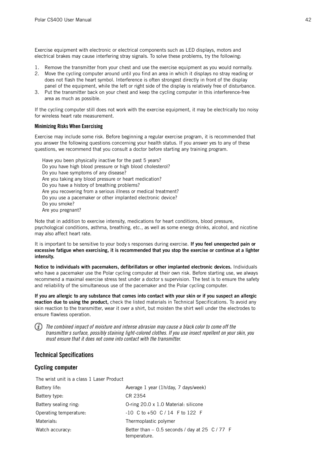 Polar CS400 user manual Technical Specifications, Minimizing Risks When Exercising 