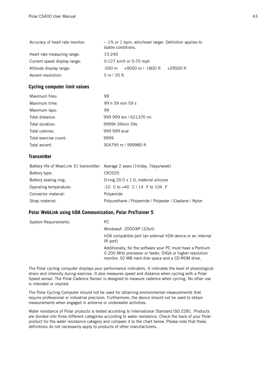 Polar CS400 user manual Cycling computer limit values 