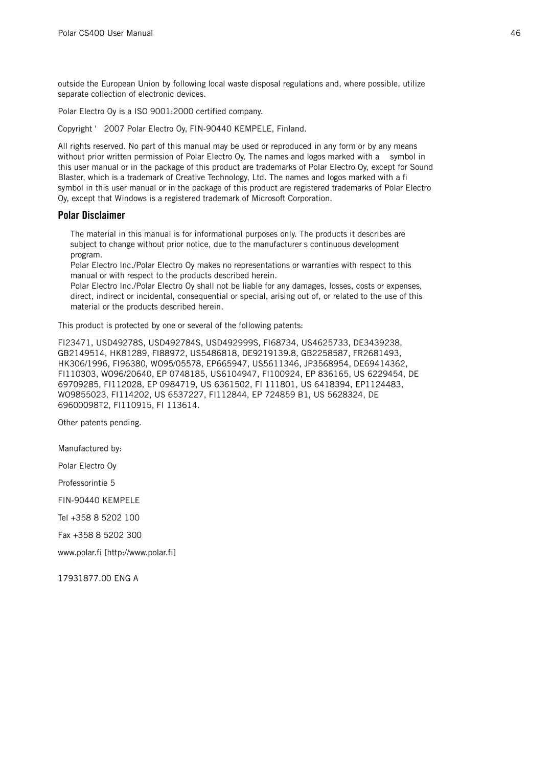 Polar CS400 user manual Polar Disclaimer 