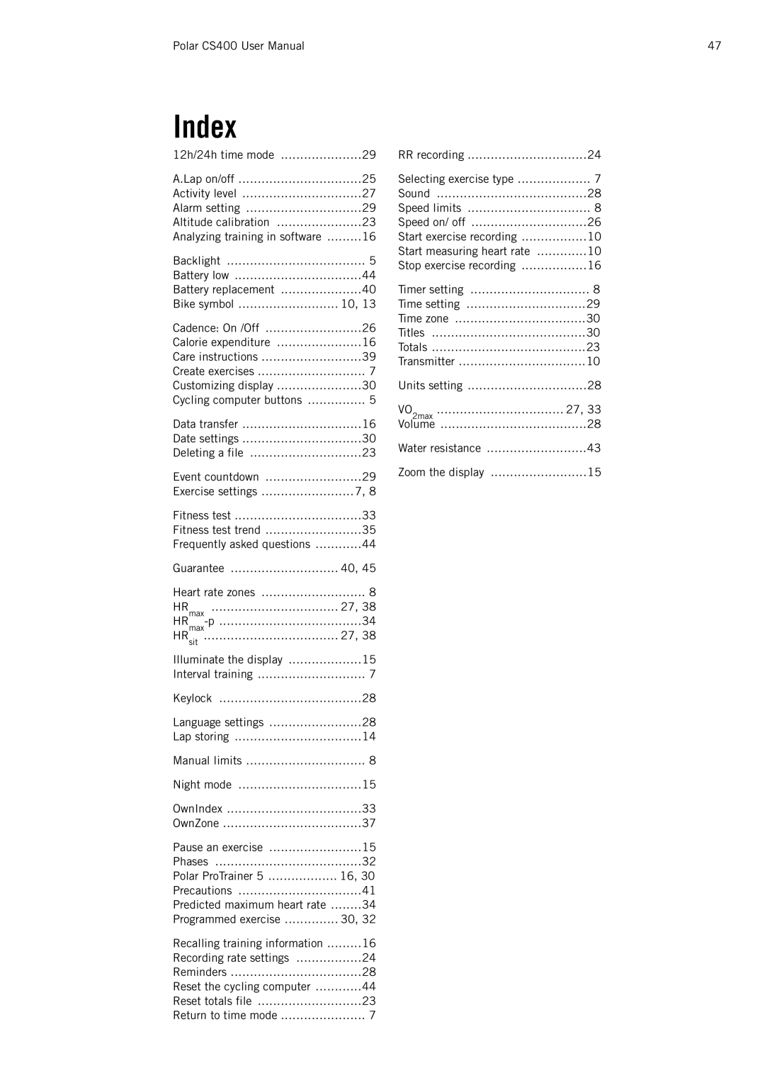 Polar CS400 user manual Index 