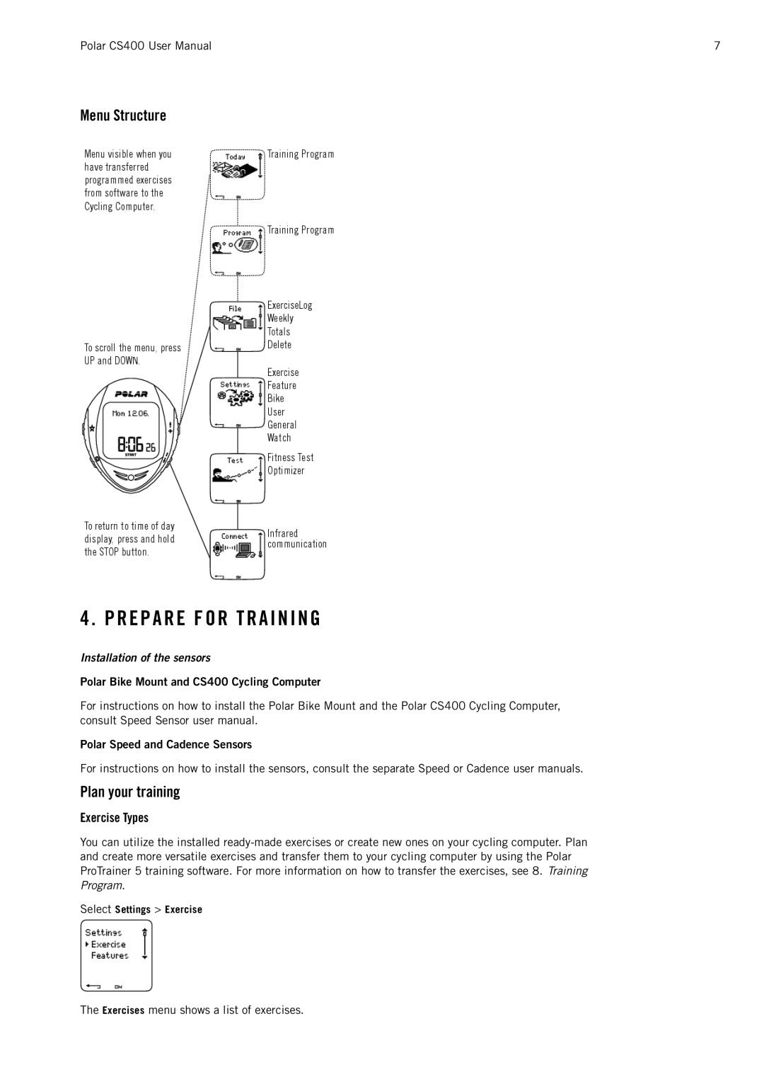 Polar CS400 user manual R E P a R E F O R T R a I N I N G, Menu Structure, Plan your training, Exercise Types 