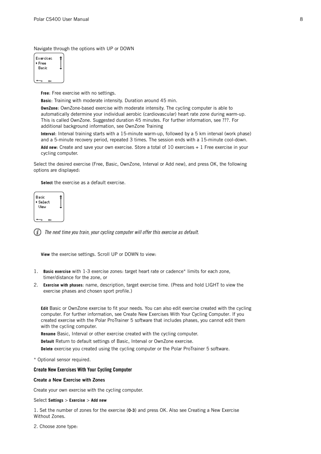 Polar CS400 user manual Create New Exercises With Your Cycling Computer, Create a New Exercise with Zones 