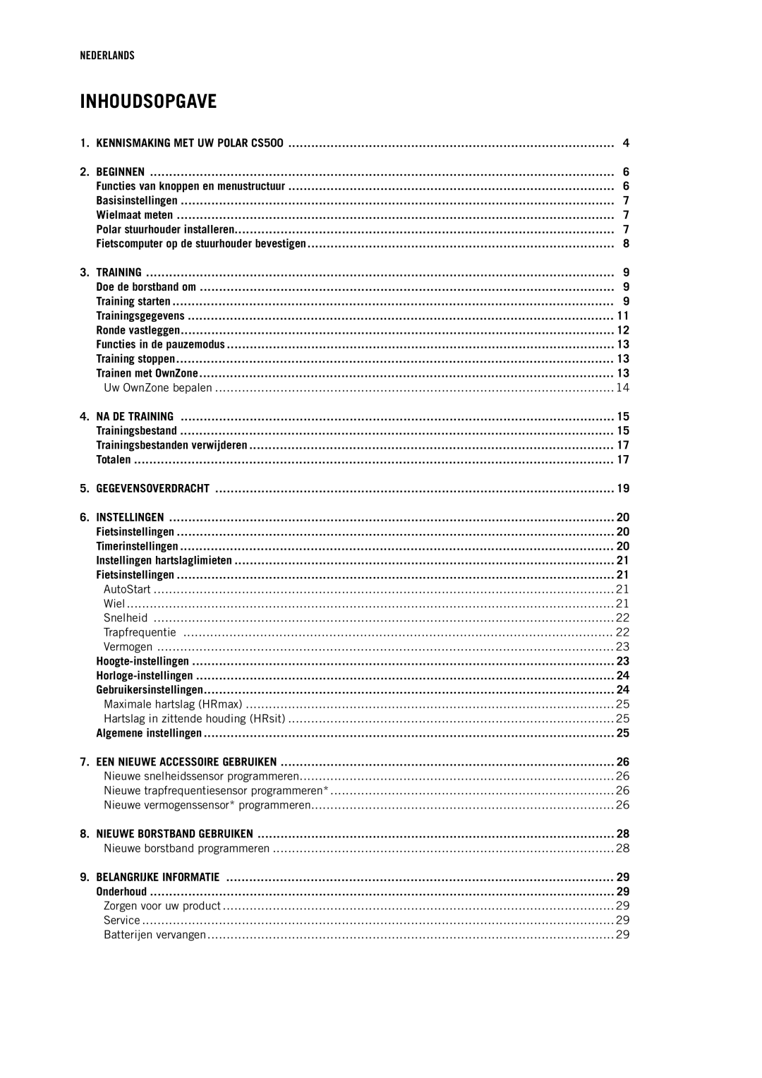 Polar CS500 manual Inhoudsopgave, Trainingsbestand Trainingsbestanden verwijderen Totalen, Nieuwe borstband programmeren 