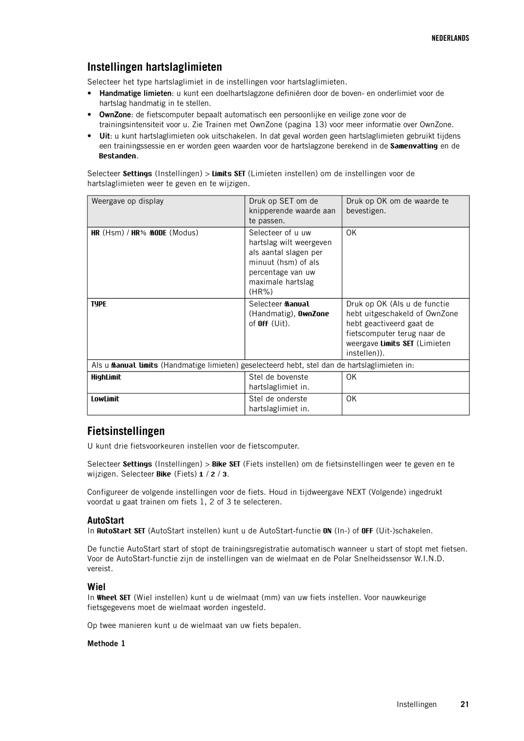 Polar CS500 manual Instellingen hartslaglimieten, AutoStart, Wiel, Methode 