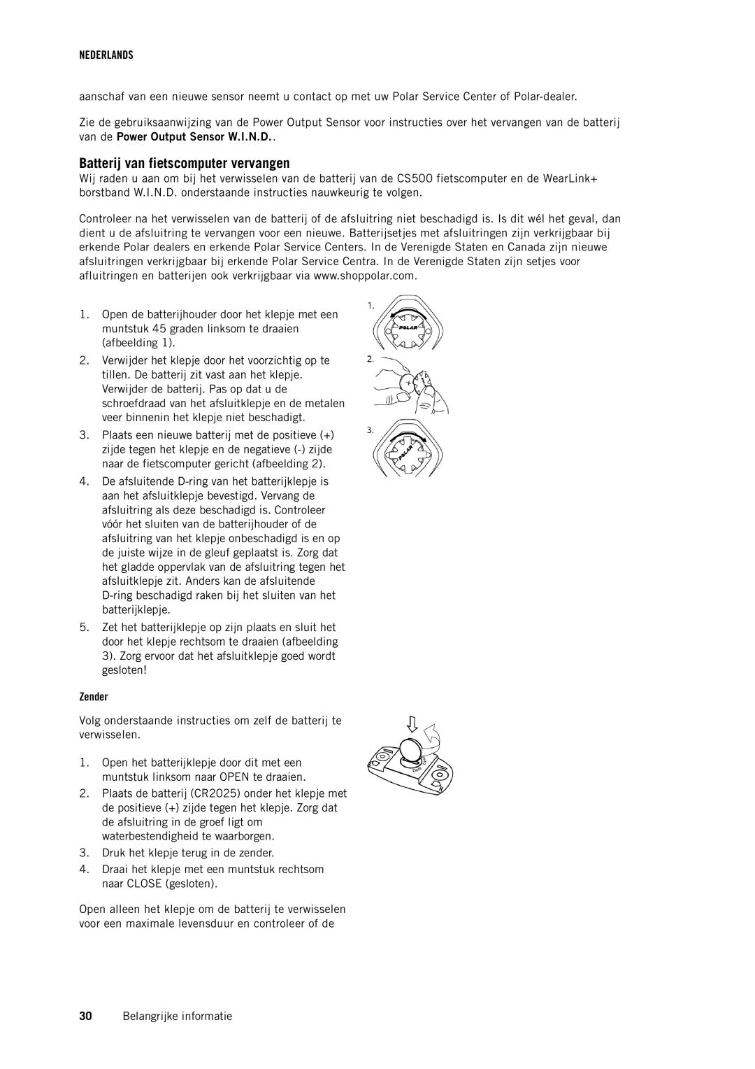 Polar CS500 manual Batterij van fietscomputer vervangen, Zender 