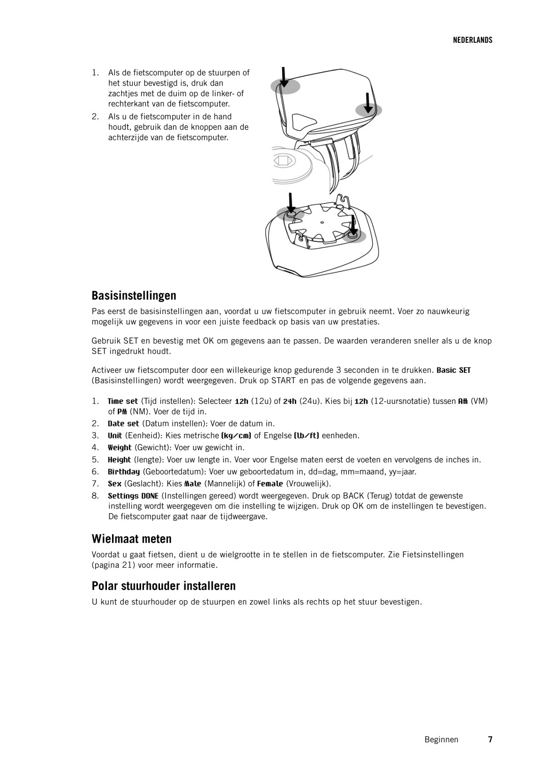 Polar CS500 manual Basisinstellingen, Wielmaat meten, Polar stuurhouder installeren 