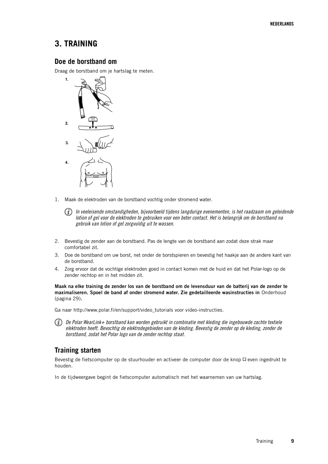 Polar CS500 manual Doe de borstband om, Training starten 