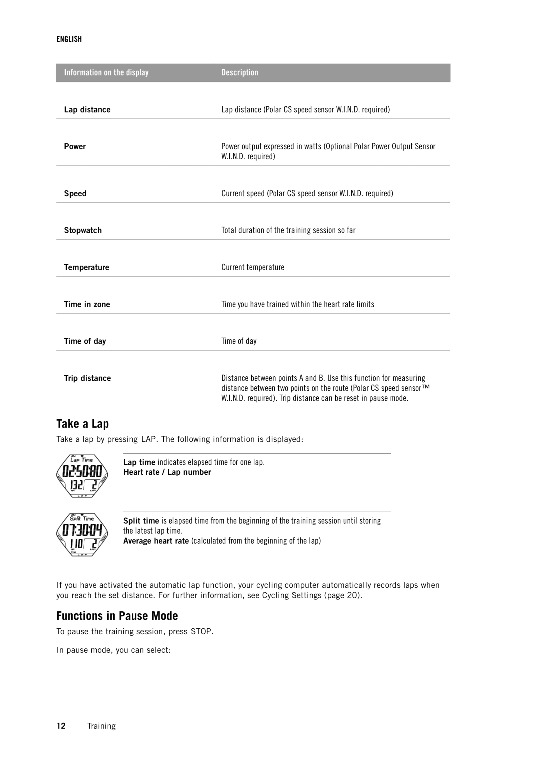 Polar CS500 user manual Take a Lap, Functions in Pause Mode 