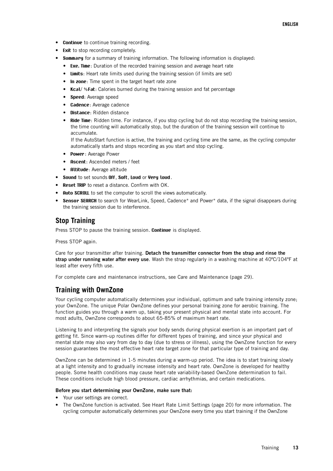 Polar CS500 user manual Stop Training, Training with OwnZone, Before you start determining your OwnZone, make sure that 