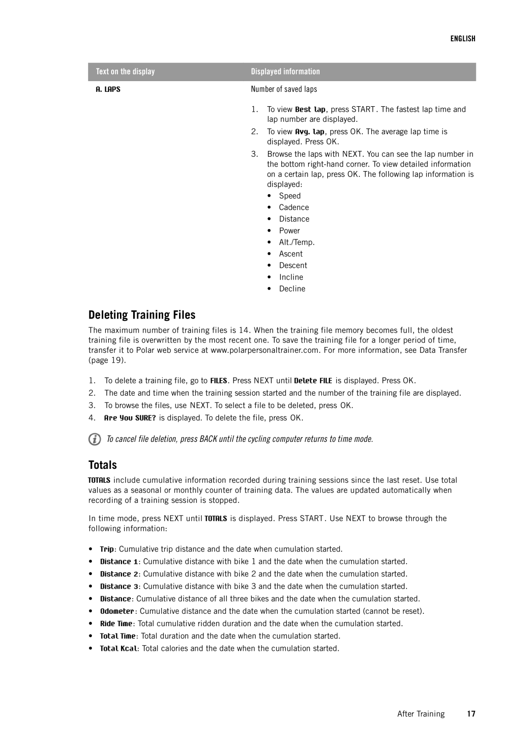 Polar CS500 user manual Deleting Training Files, Totals 