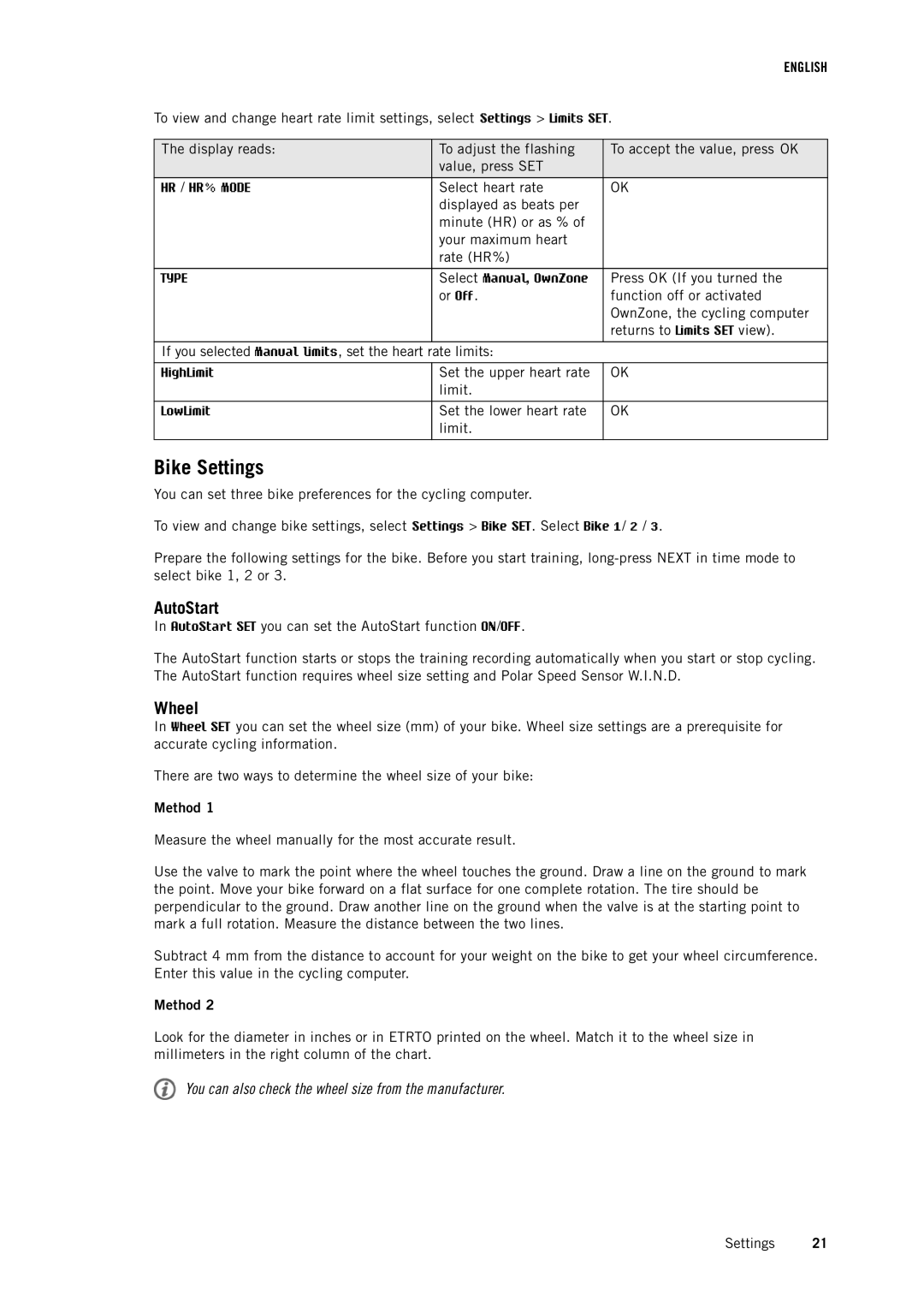 Polar CS500 user manual Bike Settings, AutoStart, Wheel, Method 