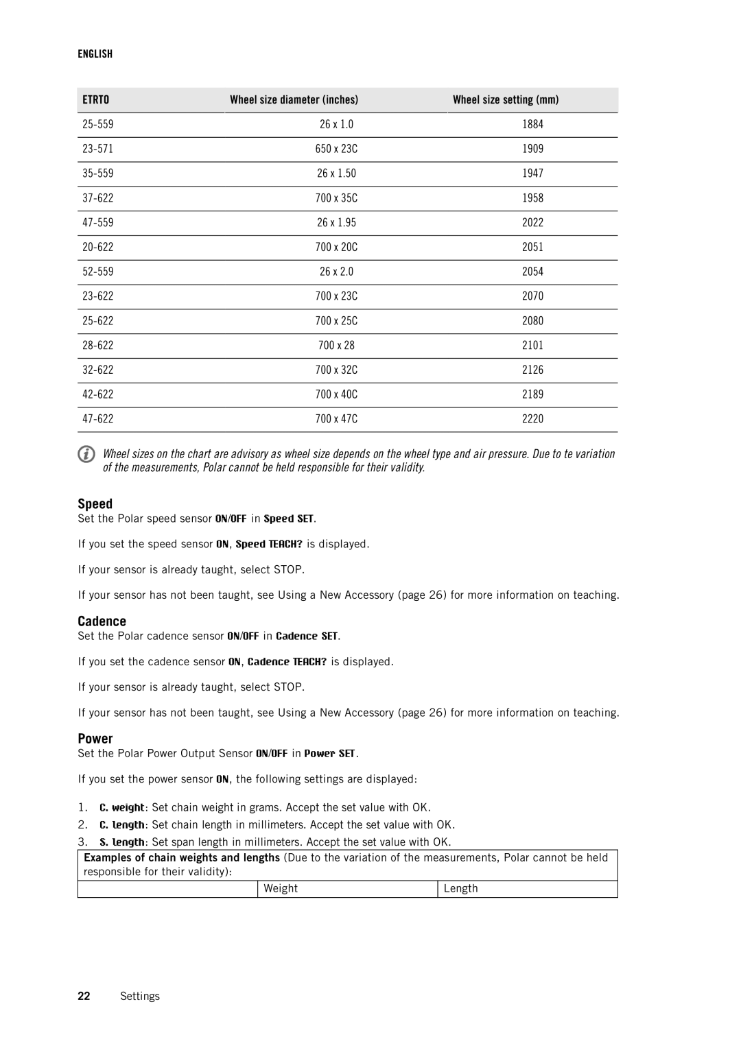 Polar CS500 user manual Speed, Cadence, Power, Wheel size diameter inches Wheel size setting mm 