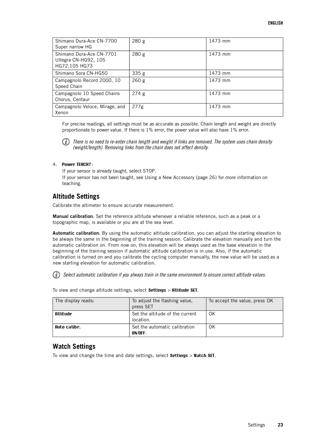 Polar CS500 user manual Altitude Settings, Watch Settings 