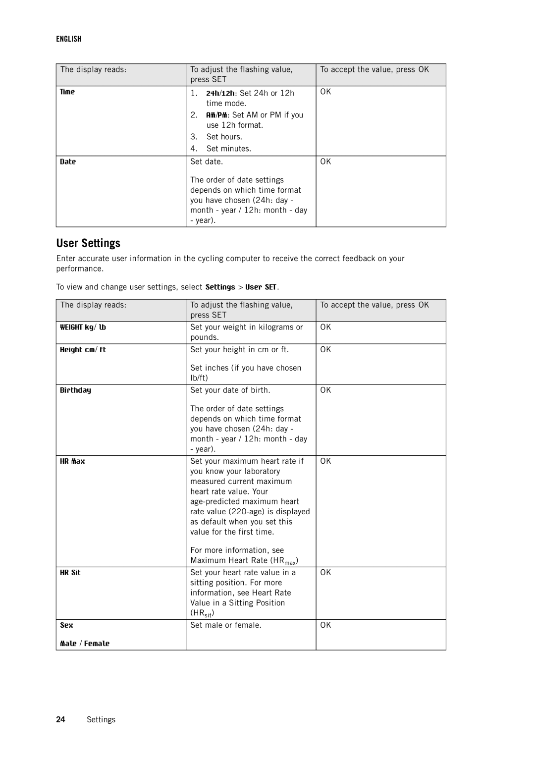 Polar CS500 user manual User Settings 