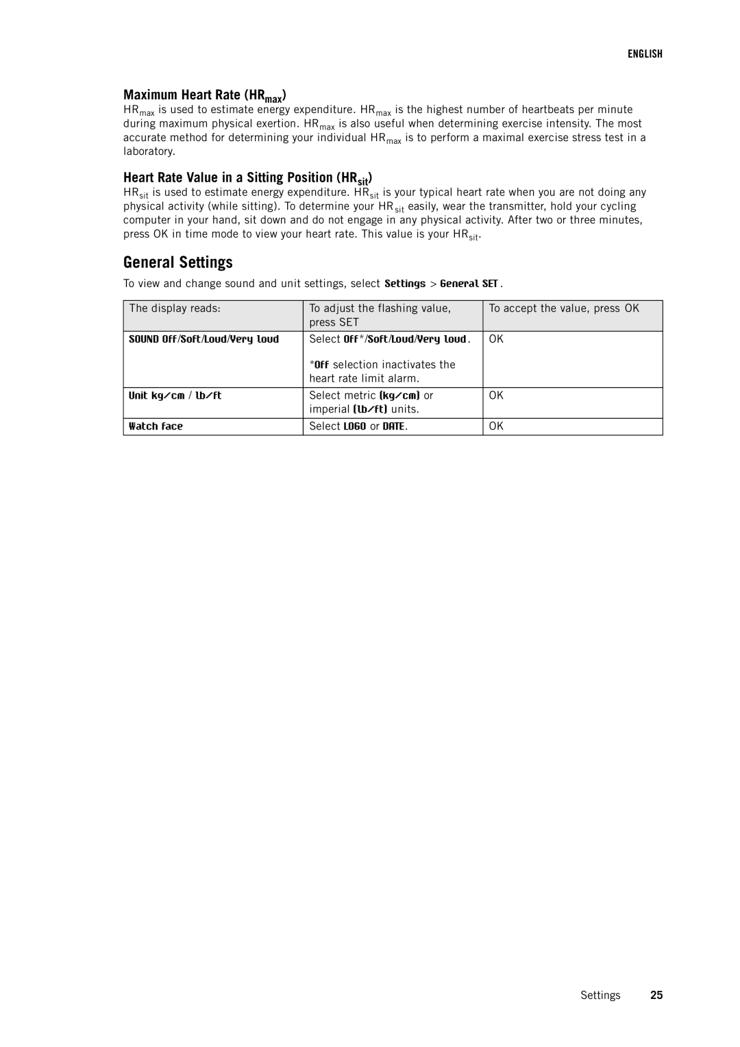 Polar CS500 user manual General Settings, Maximum Heart Rate HRmax, Heart Rate Value in a Sitting Position HRsit 