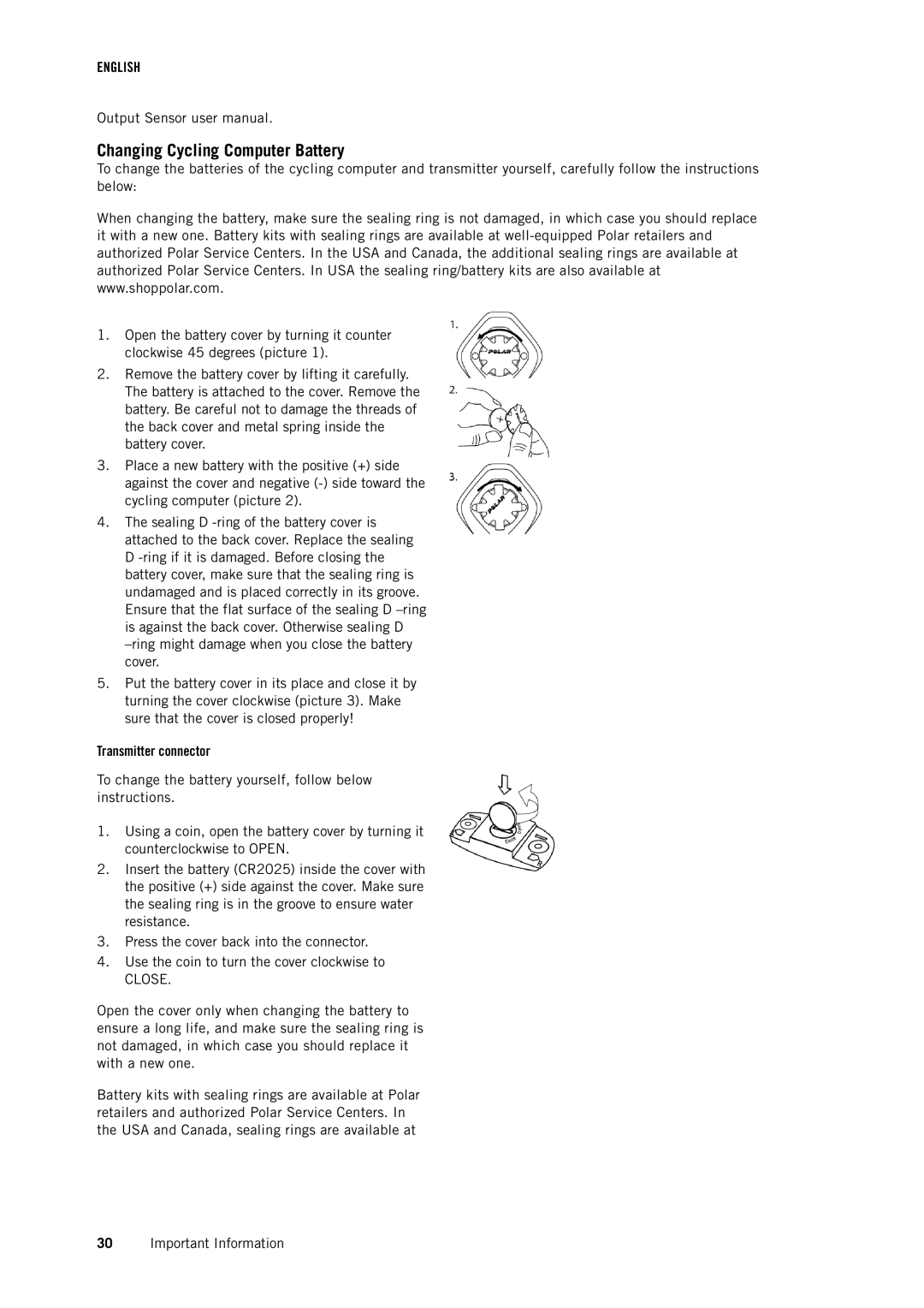 Polar CS500 user manual Changing Cycling Computer Battery, Transmitter connector 