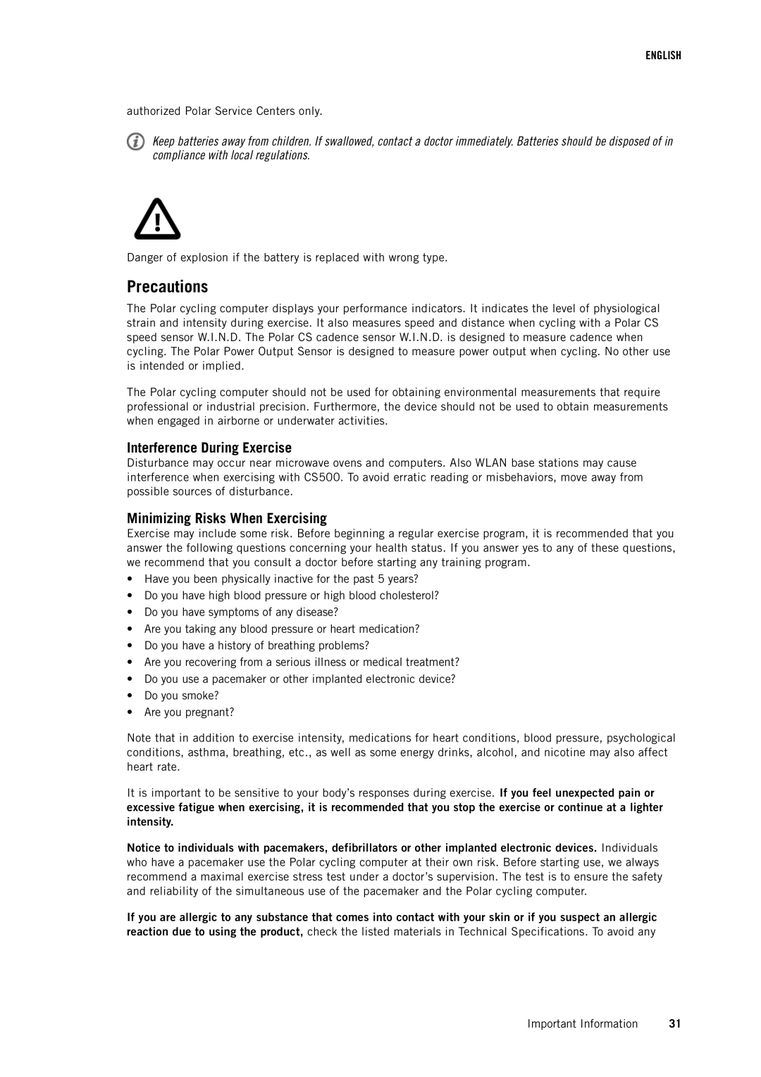 Polar CS500 user manual Precautions, Interference During Exercise, Minimizing Risks When Exercising 