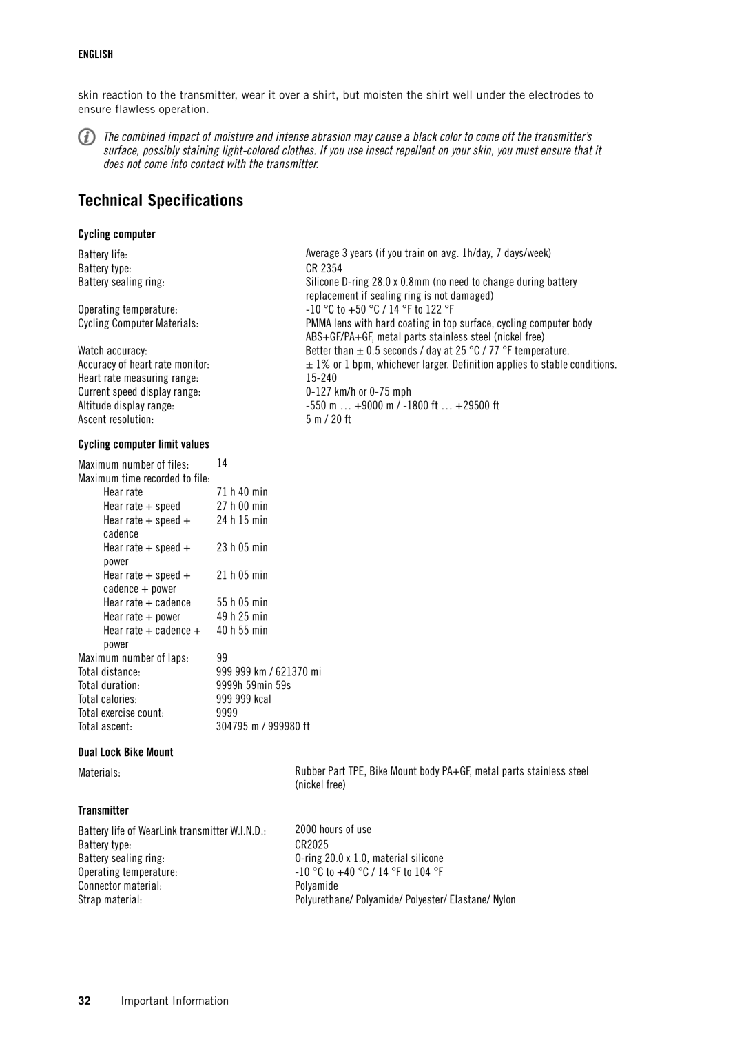 Polar CS500 user manual Technical Specifications, Cycling computer, Dual Lock Bike Mount, Transmitter 