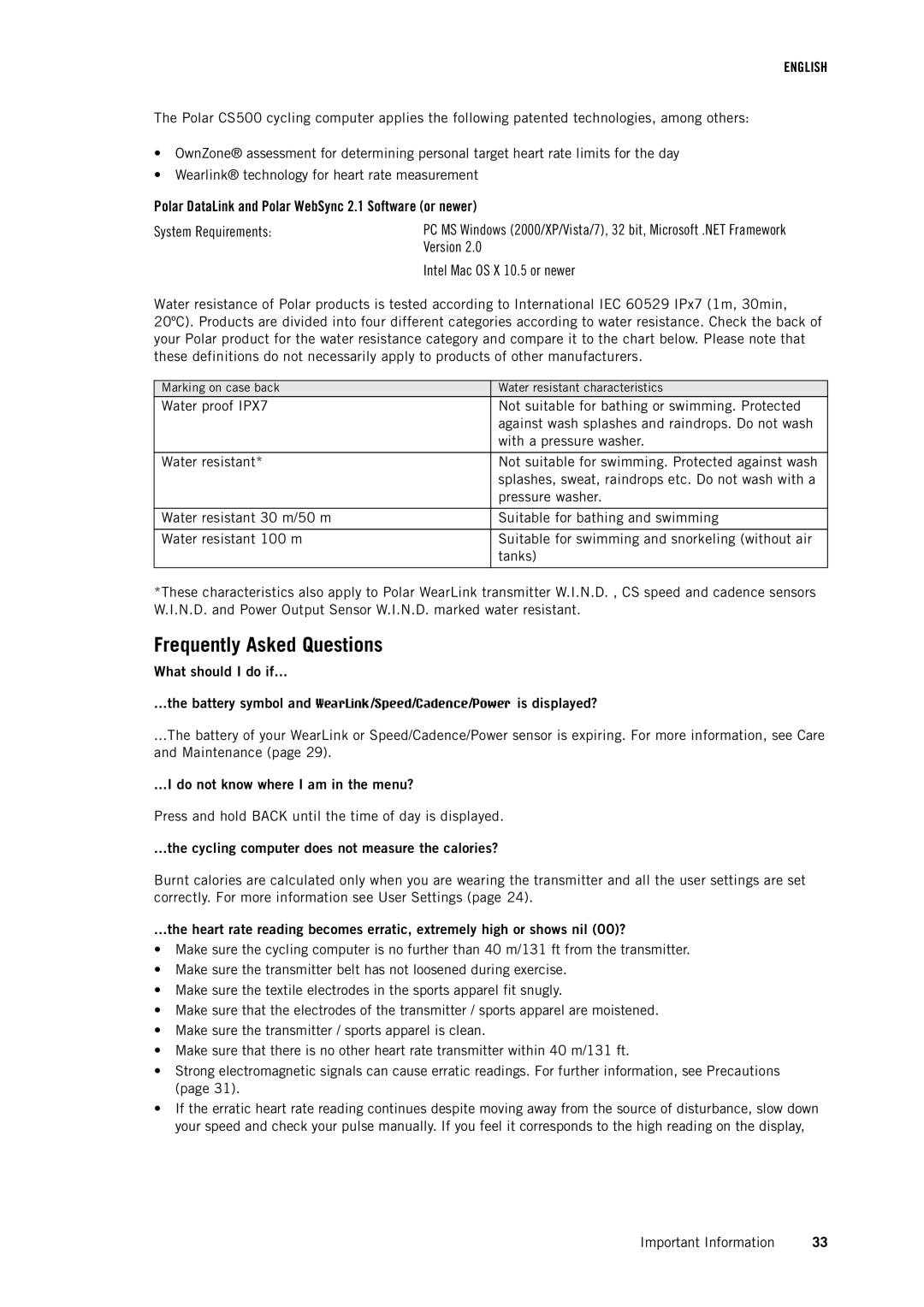 Polar CS500 user manual Frequently Asked Questions, Polar DataLink and Polar WebSync 2.1 Software or newer 