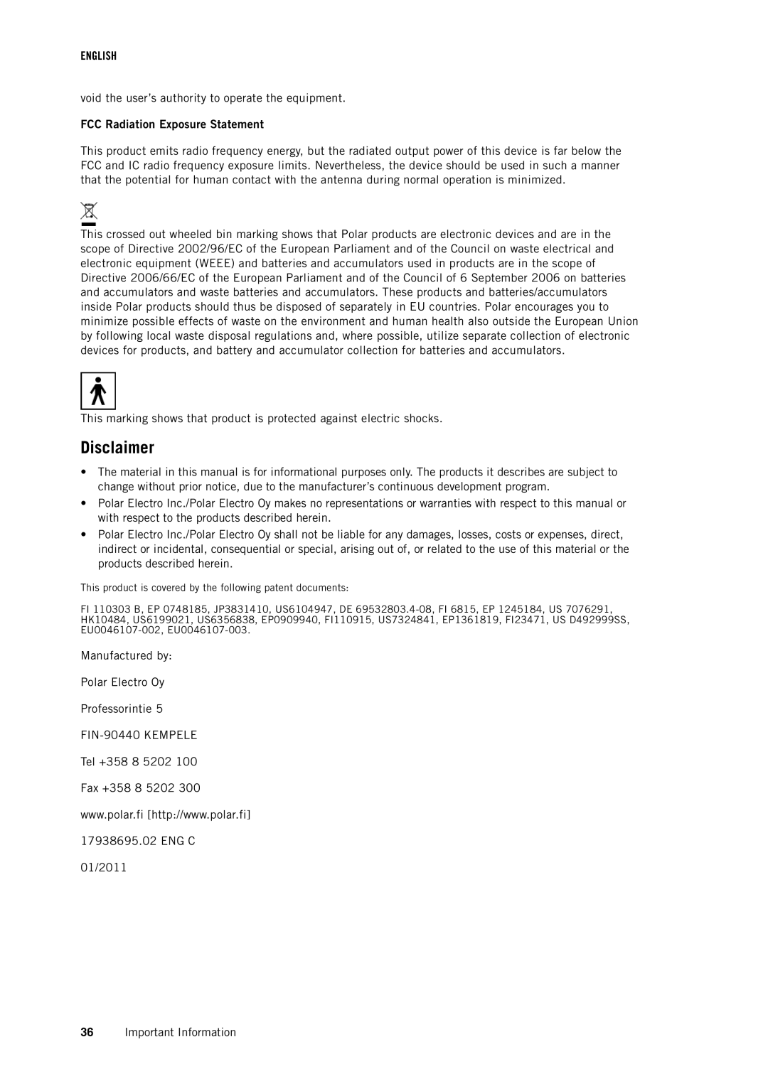 Polar CS500 user manual Disclaimer, FCC Radiation Exposure Statement 