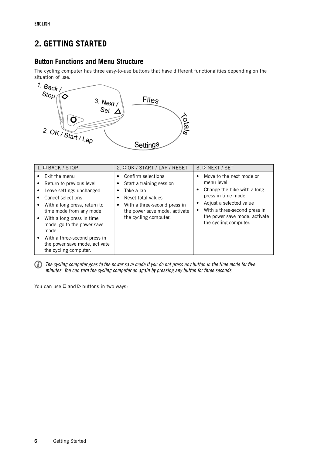 Polar CS500 user manual Getting Started, Button Functions and Menu Structure 