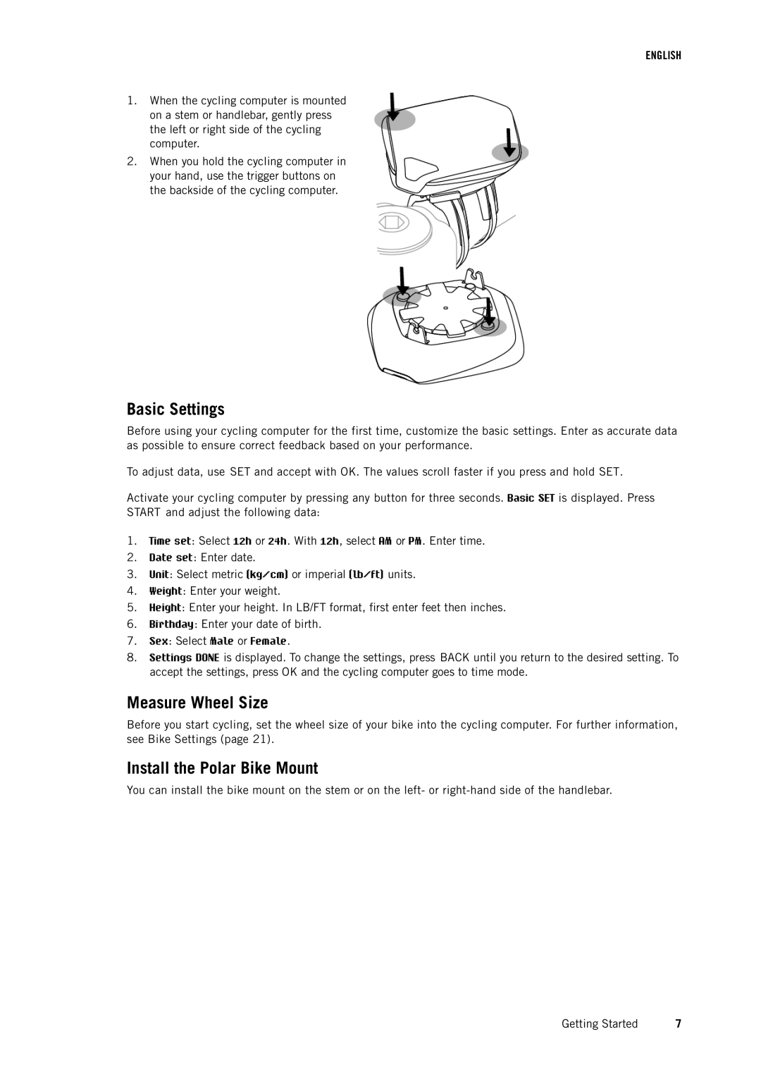 Polar CS500 user manual Basic Settings, Measure Wheel Size, Install the Polar Bike Mount 