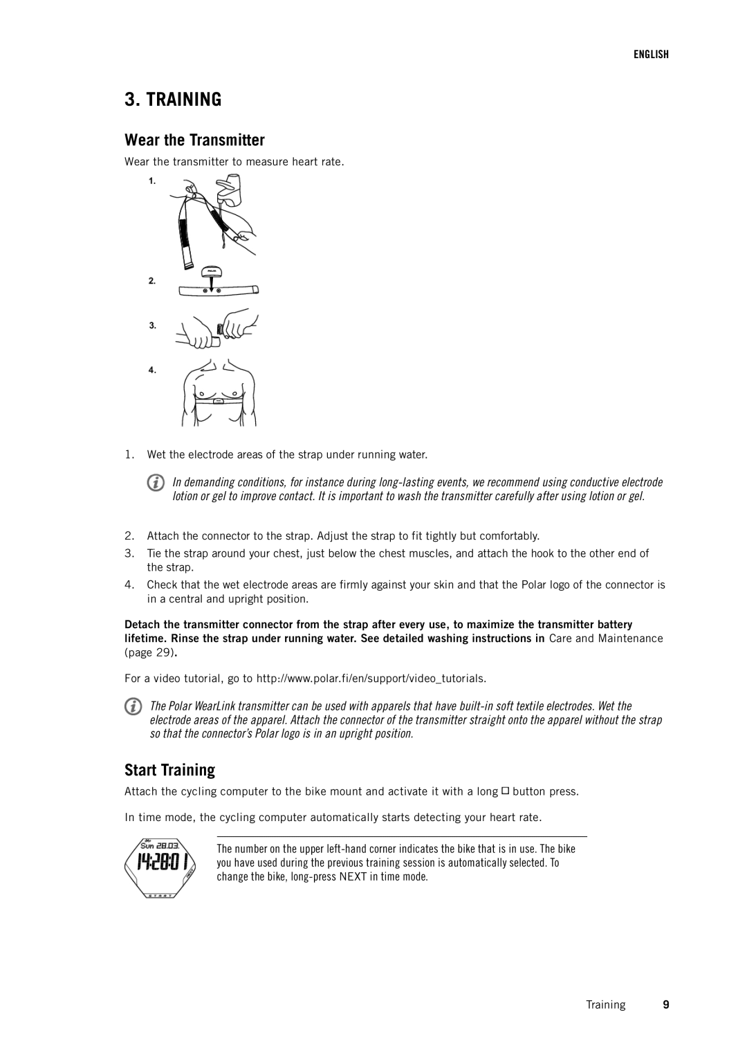 Polar CS500 user manual Wear the Transmitter, Start Training 