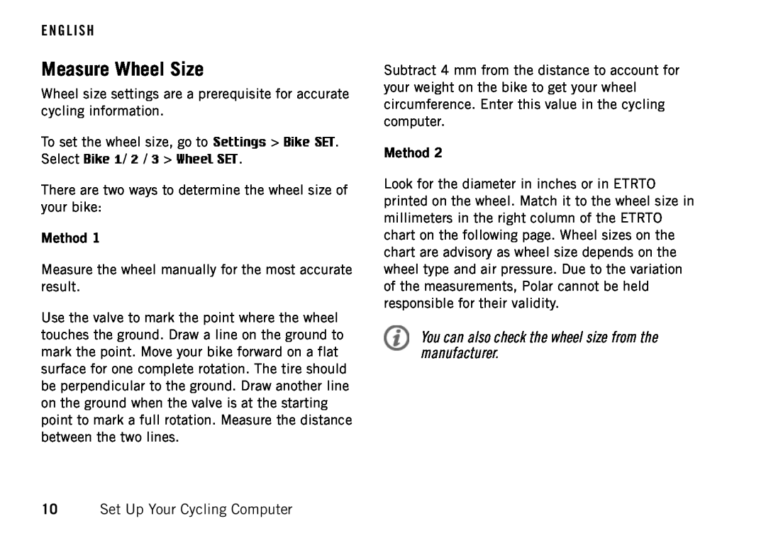 Polar CS500 manual Measure Wheel Size, Set Up Your Cycling Computer 