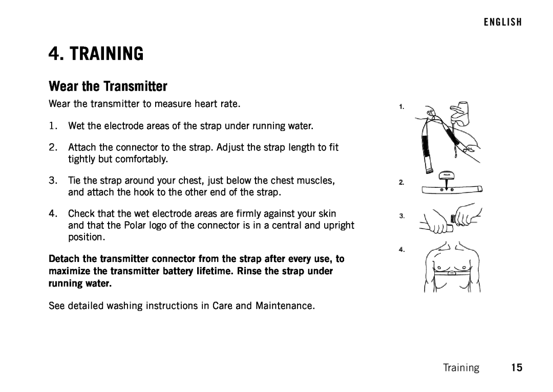 Polar CS500 manual Training, Wear the Transmitter 