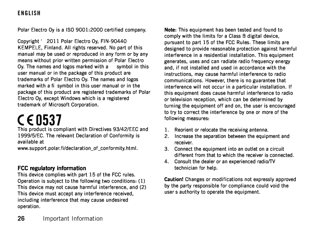Polar CS500 manual Important Information, FCC regulatory information 