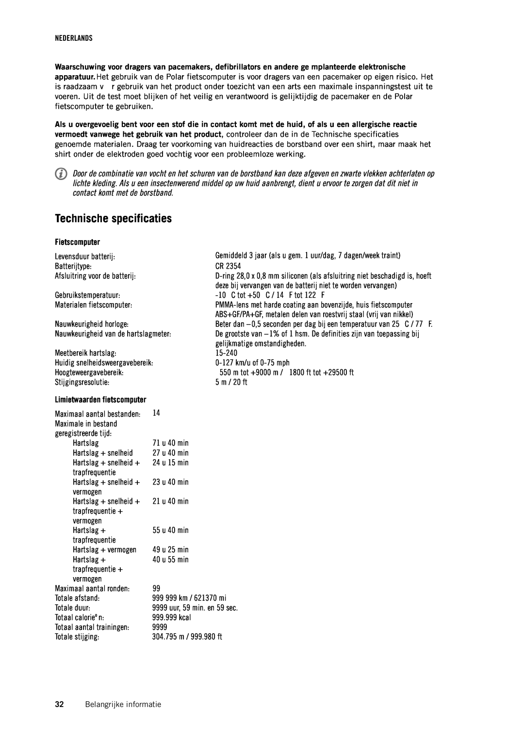 Polar CS500 manual Technische specificaties, Fietscomputer 