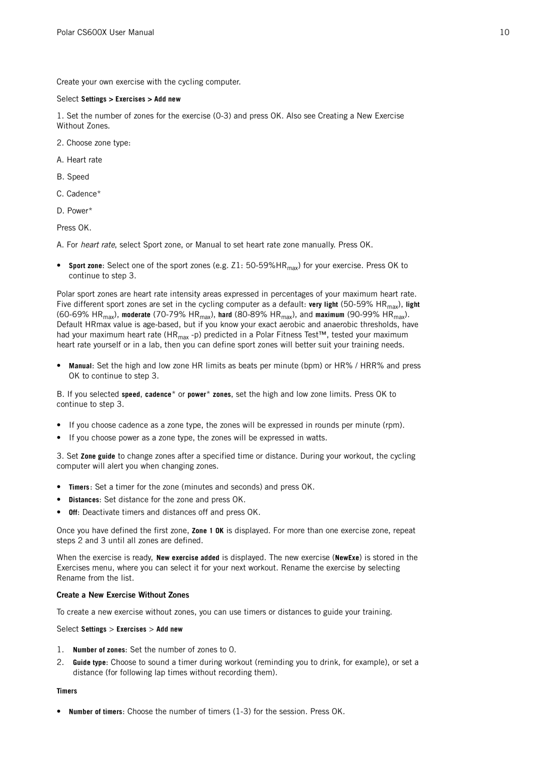 Polar CS600X user manual Create a New Exercise Without Zones 