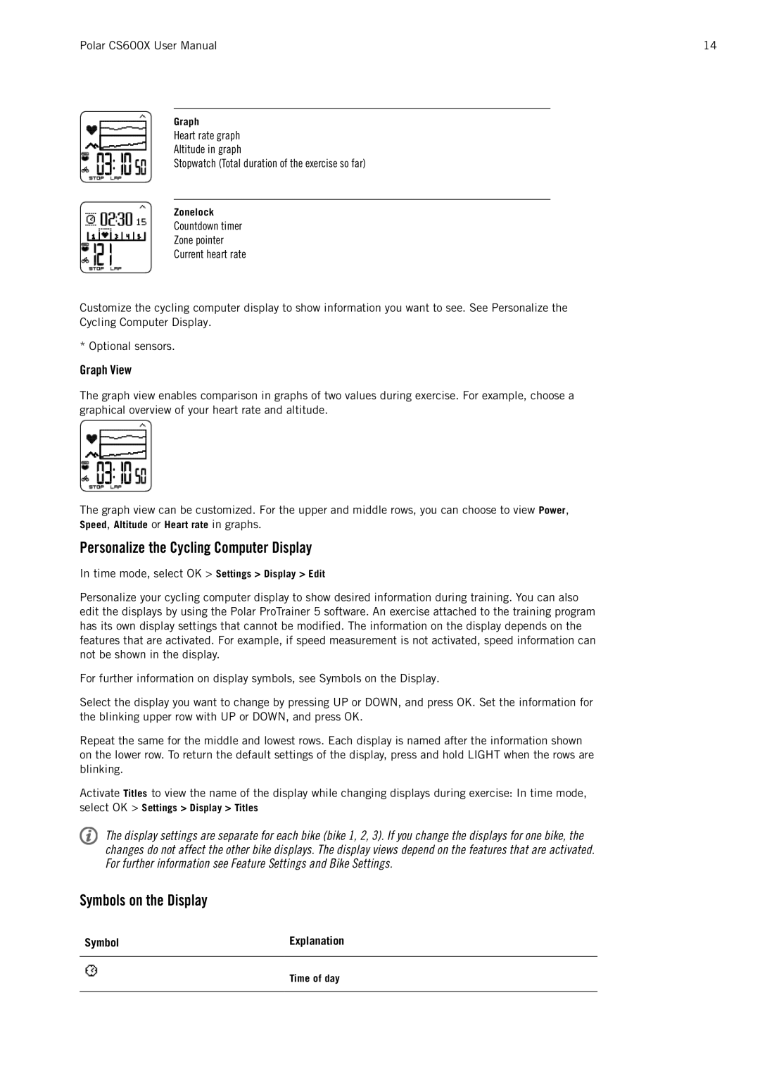 Polar CS600X user manual Personalize the Cycling Computer Display, Symbols on the Display, Graph View, Symbol Explanation 