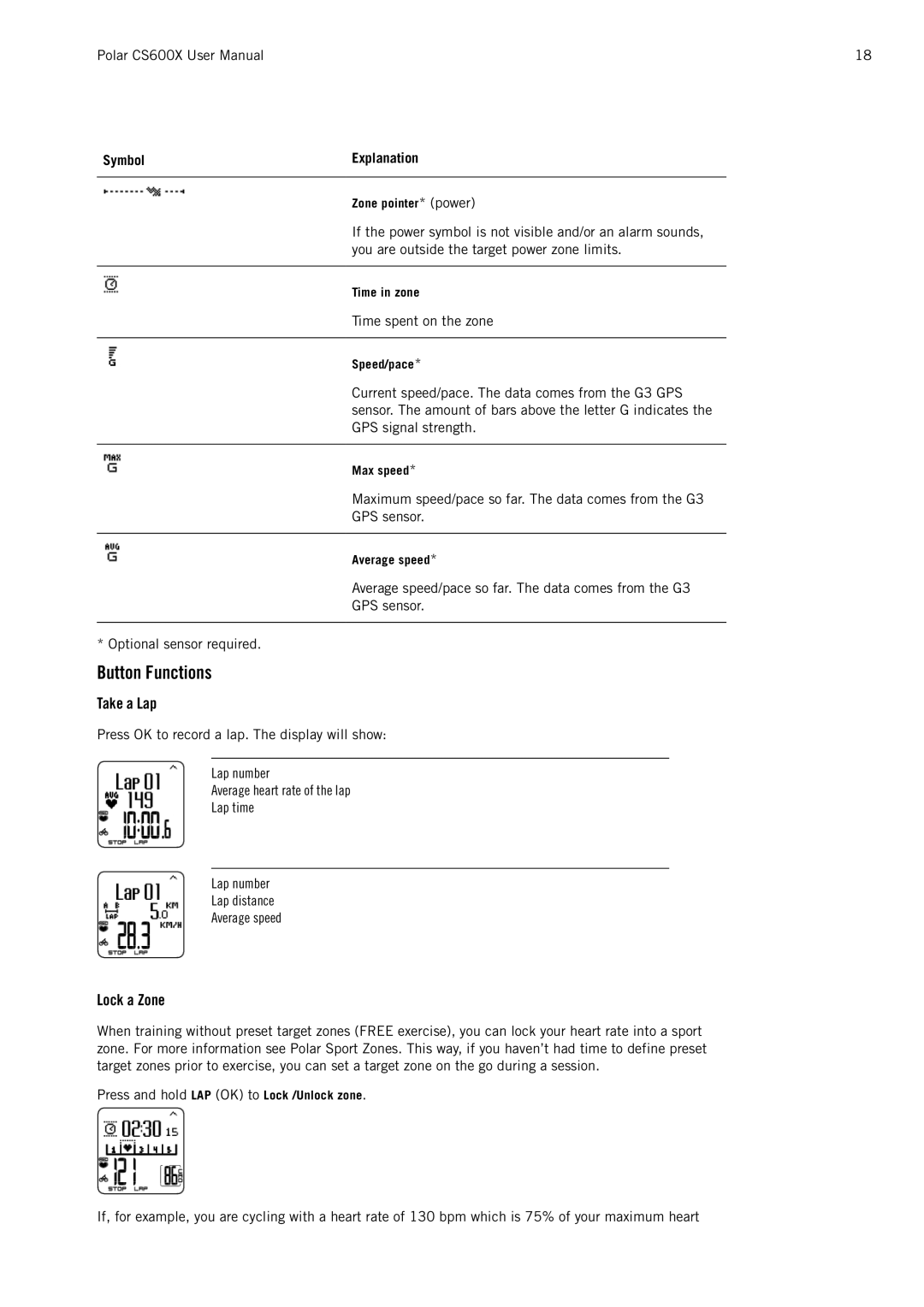 Polar CS600X user manual Button Functions, Take a Lap, Lock a Zone 