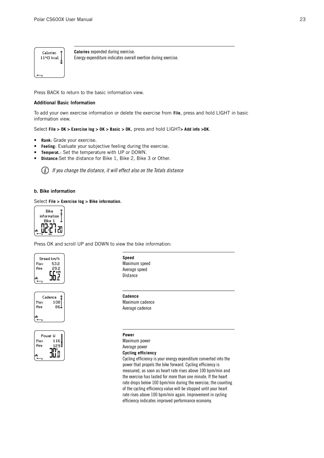 Polar CS600X user manual Additional Basic Information, Bike information 