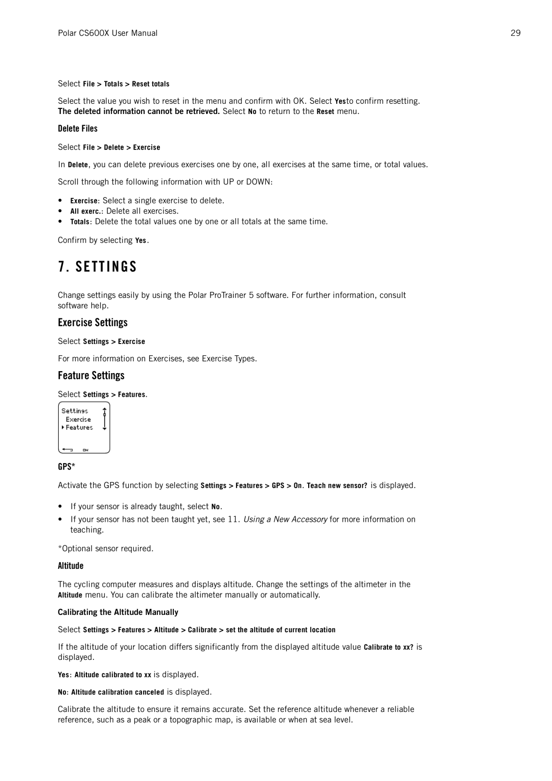 Polar CS600X user manual E T T I N G S, Exercise Settings, Feature Settings, Delete Files, Altitude 