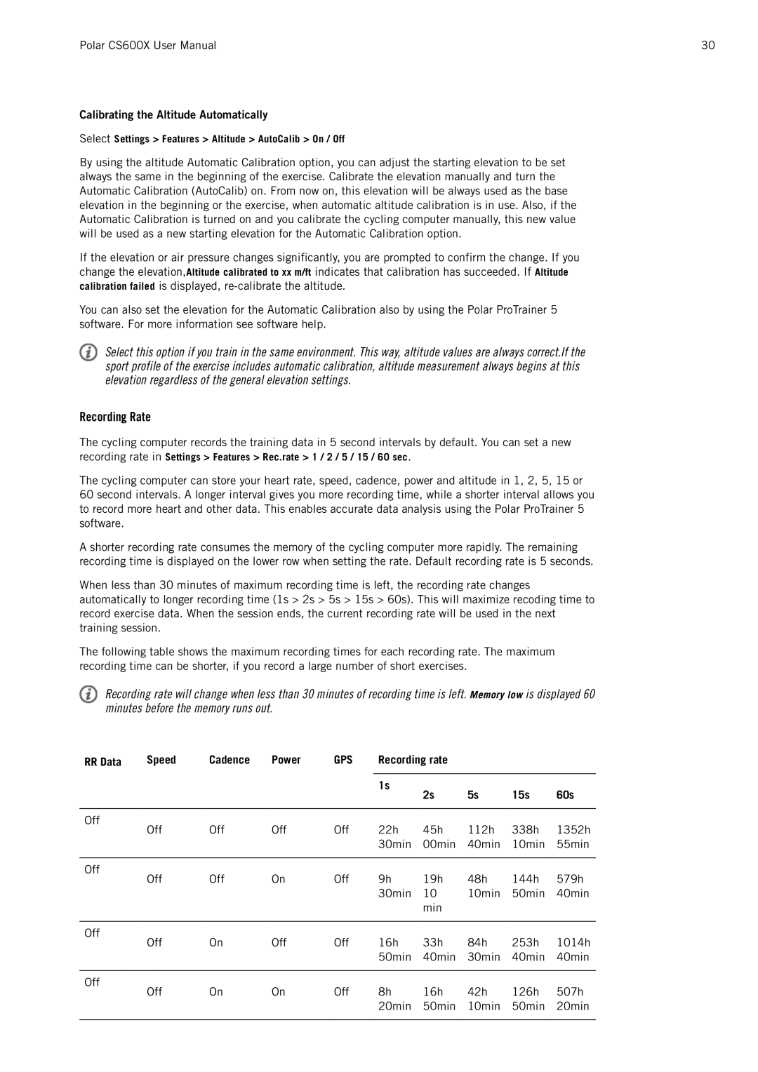 Polar CS600X Recording Rate, Calibrating the Altitude Automatically, RR Data Speed Cadence Power, Recording rate 15s 60s 