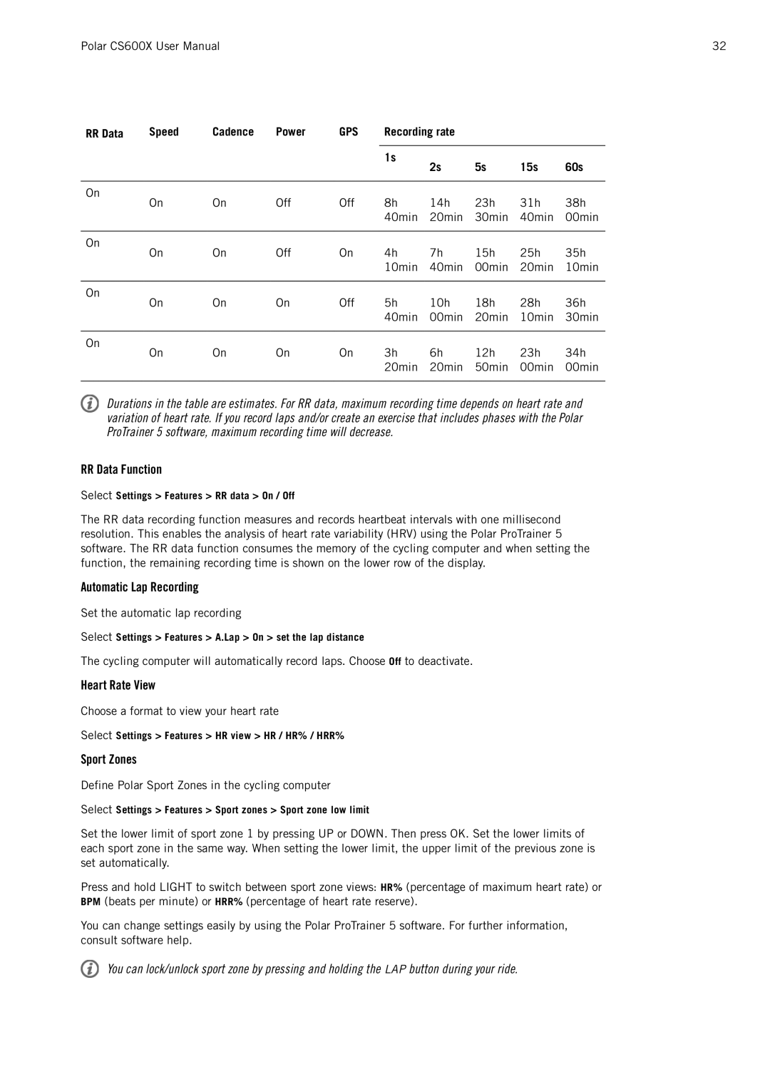 Polar CS600X user manual RR Data Function, Automatic Lap Recording, Heart Rate View, Sport Zones 