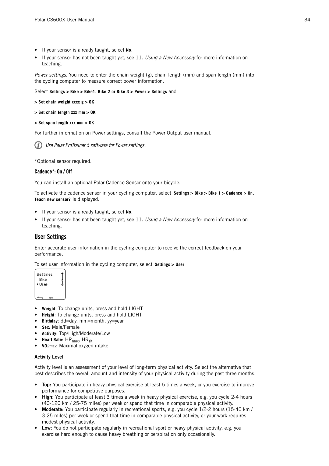 Polar CS600X user manual User Settings, Cadence* On / Off, Activity Level 