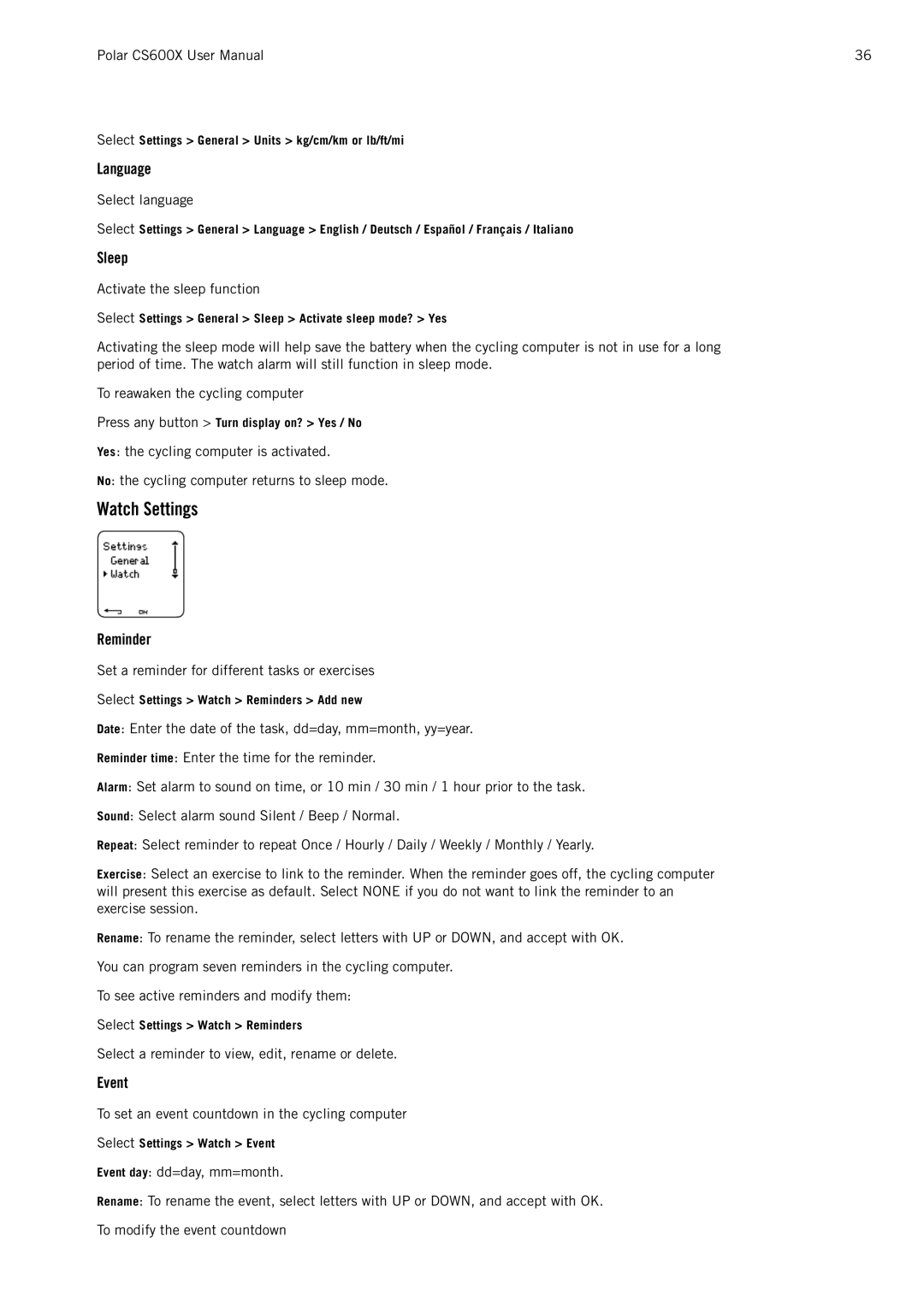 Polar CS600X user manual Watch Settings, Language, Sleep, Reminder, Event 