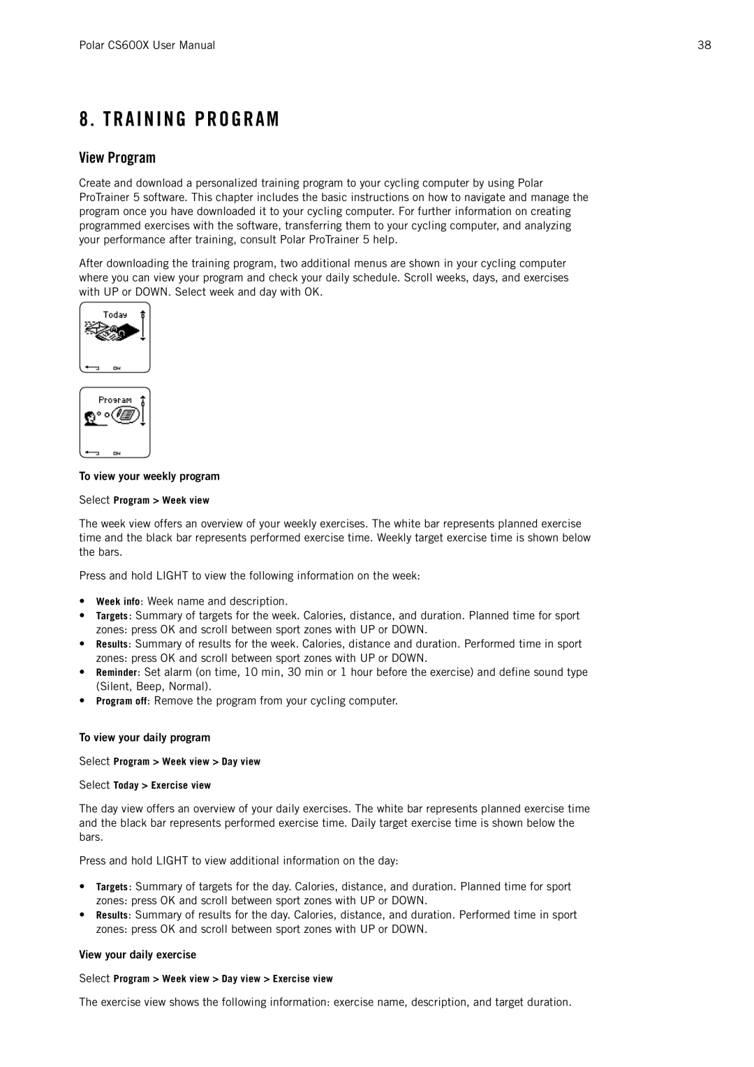 Polar CS600X user manual R a I N I N G P R O G R a M, View Program, To view your weekly program, To view your daily program 