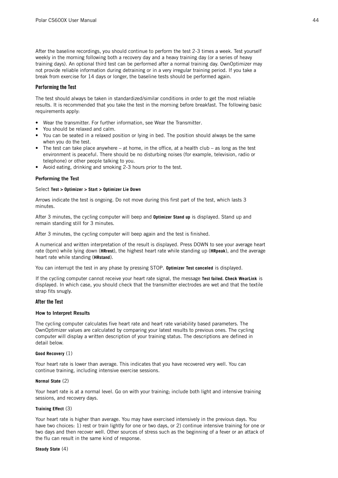 Polar CS600X user manual Performing the Test, How to Interpret Results 