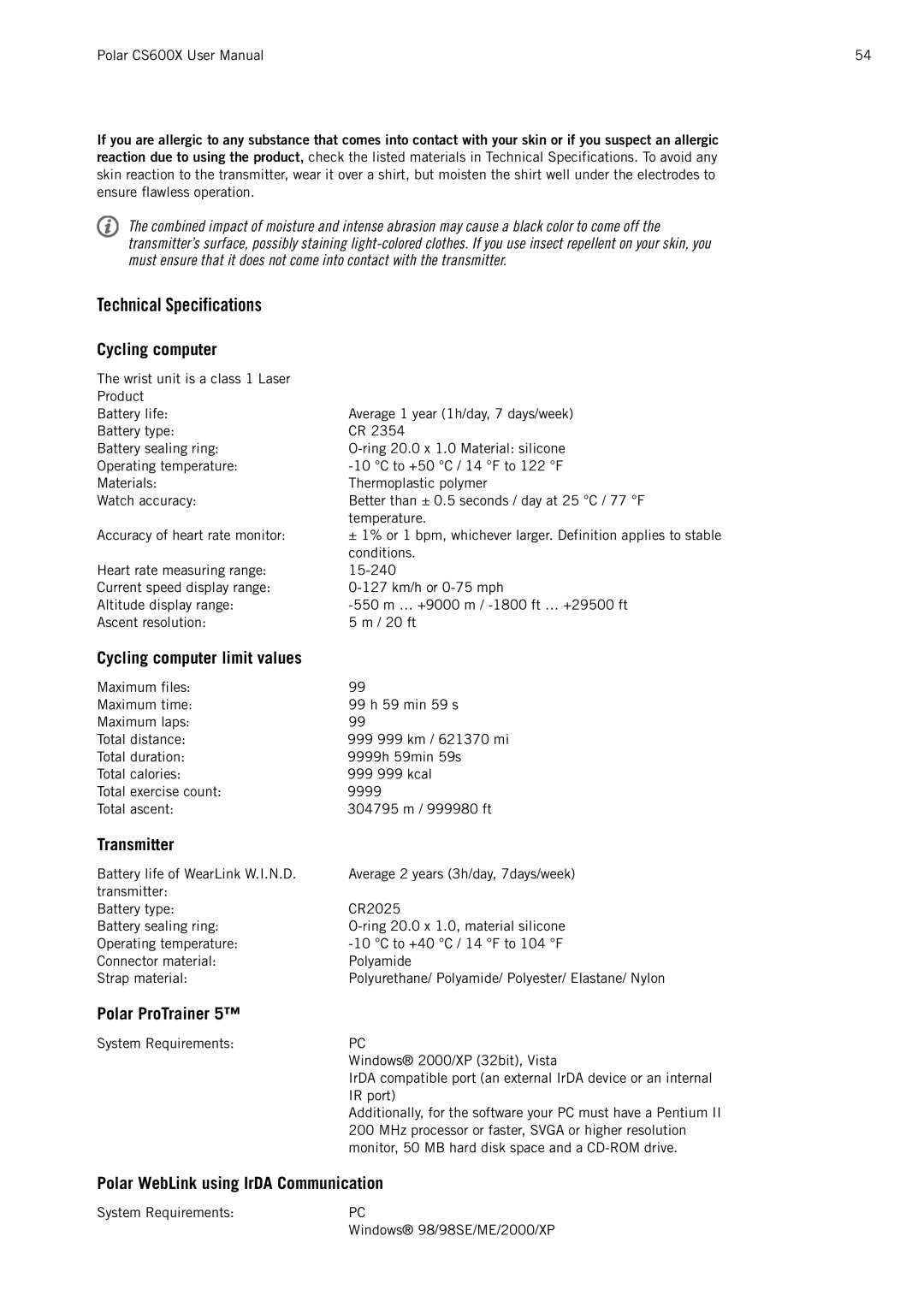 Polar CS600X user manual Technical Specifications, Cycling computer 