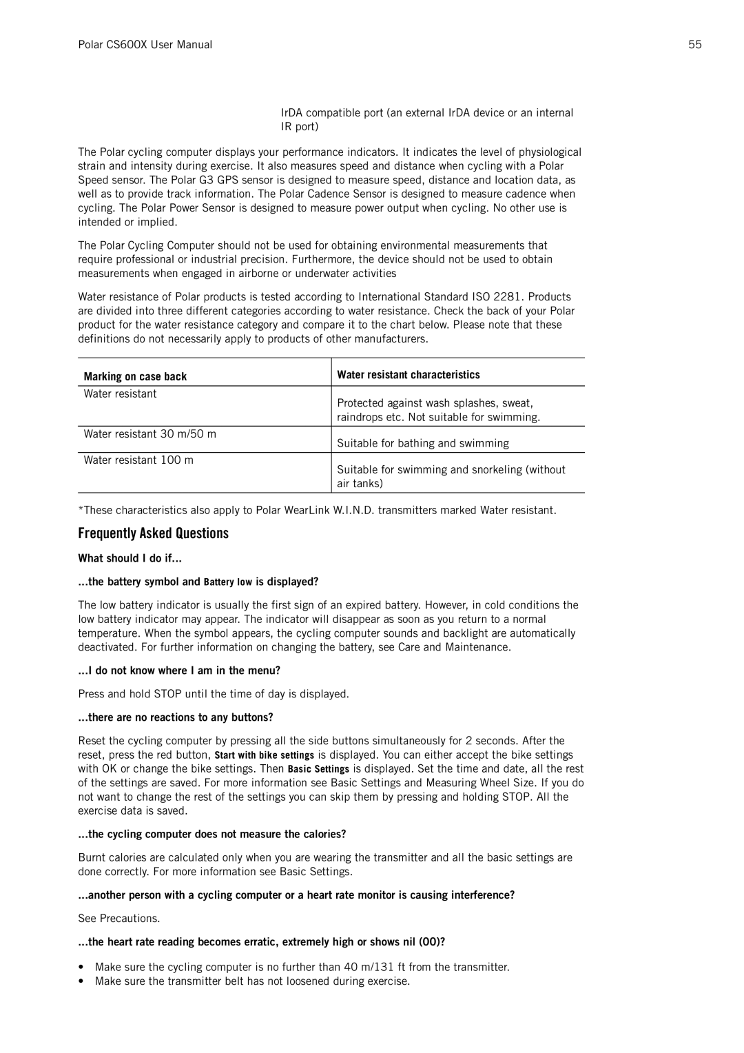 Polar CS600X user manual Frequently Asked Questions, Marking on case back Water resistant characteristics 