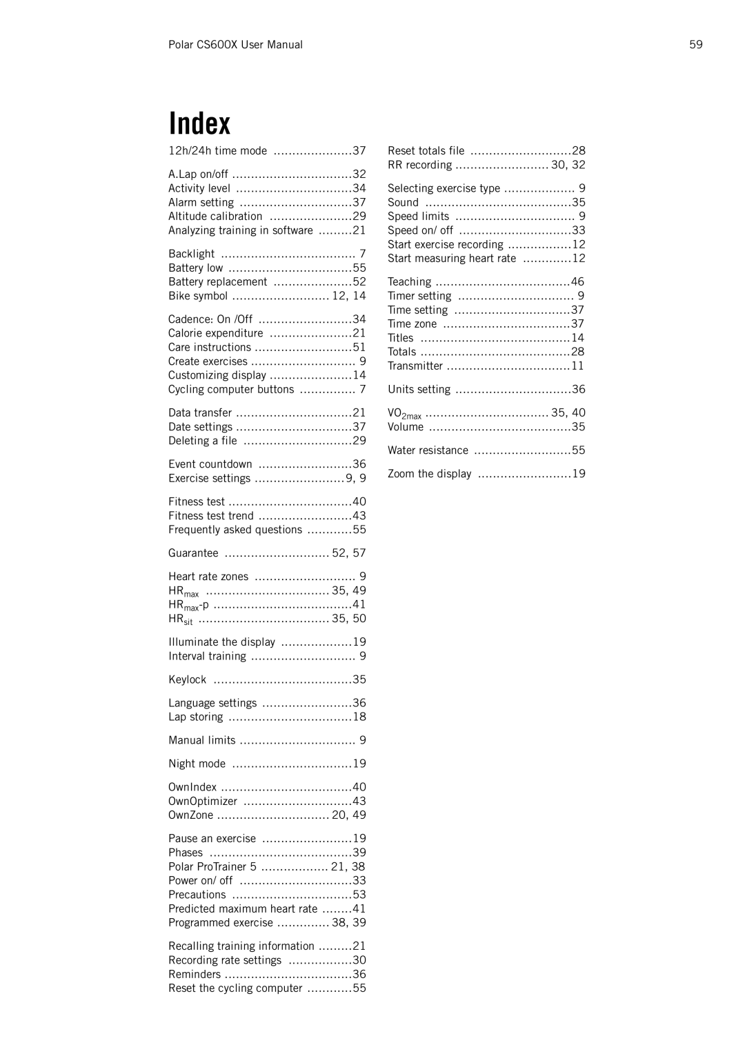 Polar CS600X user manual Index 