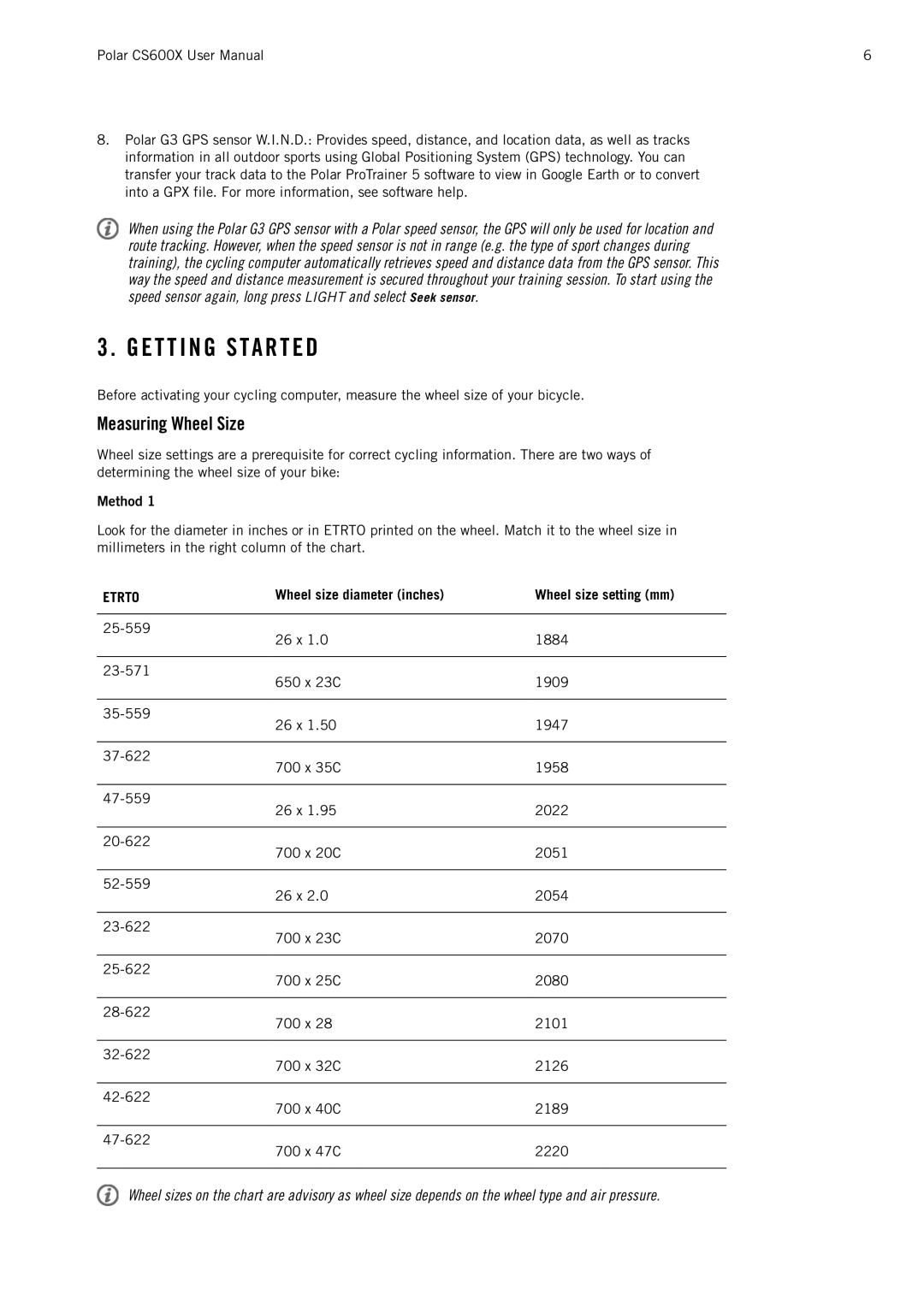 Polar CS600X E T T I N G S Ta R T E D, Measuring Wheel Size, Method, Wheel size diameter inches Wheel size setting mm 